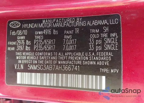 2010 Hyundai Santa Fe Gls from USA, damaged, VIN 5NMSG3AB7AH366741